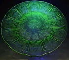 Two Vintage Jeanette Glass Green Depression Glass Plates Cherry Blossom 9" Glows
