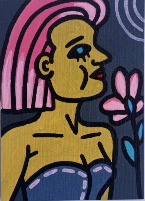 ACEO Picasso Woman Face Flower Original Oil Painting Oxana Diaz 2.5" x 3.5"