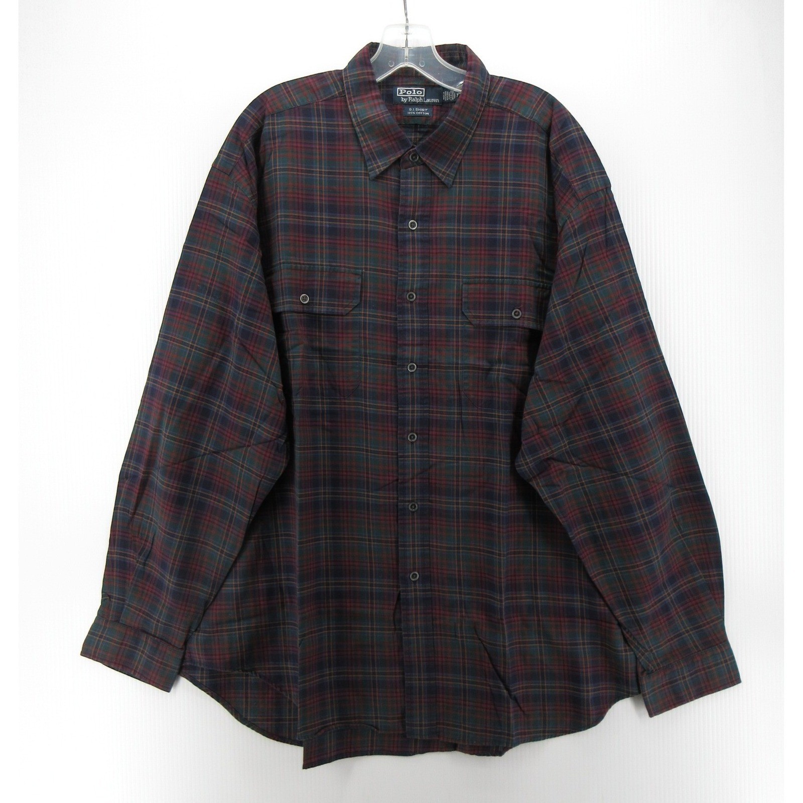 VINTAGE Polo Ralph Lauren Shirt Men XXL Green GI Military Plaid Flap Pockets 90s