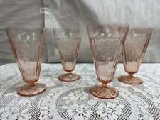 Set of 4 - Anchor Hocking PINK MAYFAIR "Open Rose" Footed Ice Tea Tumbler 6 5/8"