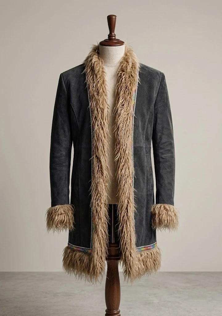 Womens Vintage Suede Leather Coat Fur Trim Afghan Style Long Jacket Boho Winter