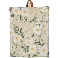 Daisy Bloom Flower Blanket White Floral Throw Green Leaves 50x60 Inch Soft
