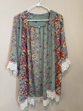 Women's Mint Pink Floral Kimono Open Front Lace Size L/XL EUC Lightweight