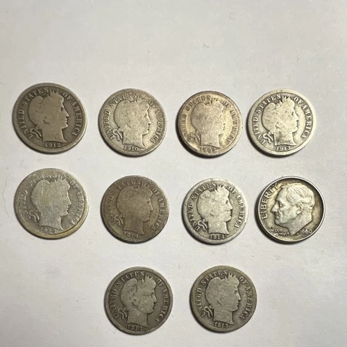 Silver dimes, Barber (9) & FDR (1).