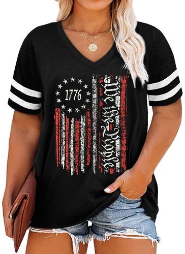 Plus Size Tops American Flag Shirts Womens V Neck Patriotic Tshirt USA Graphi...