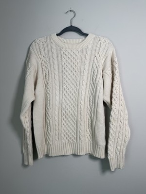 Vintage Eddie Bauer Sweater Men s Sz M Cream Cable Knit Fisherman Crew Neck