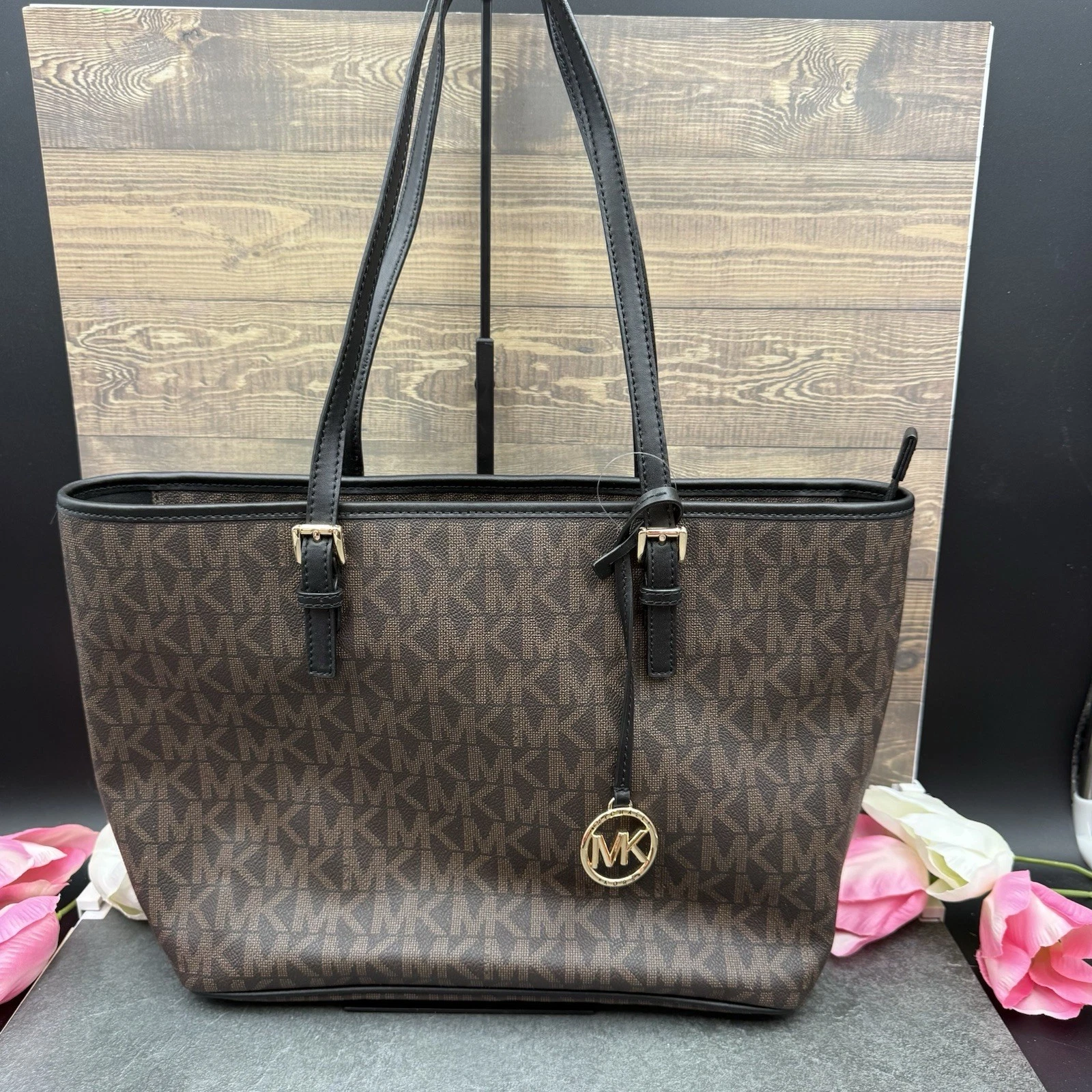 Michael Kors Jet Set Charm Large Brown Black Monogram Tote Bag Shoulder Purse