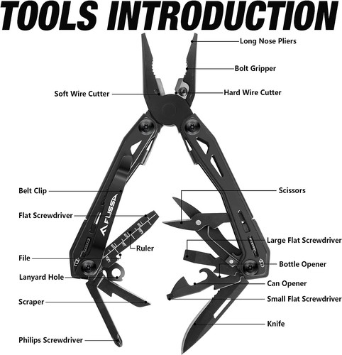 FLISSA 16-in-1 MultiTool Black Stainless Steel Self-locking Foldable w/ Sheath - Picture 3 of 7