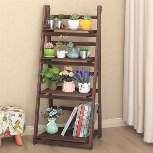 4Tier Wooden Ladder Shelf Bookcase Foldable Plant Stand Flower Pot Holder Indoor - Picture 3 of 12