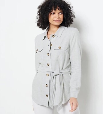 Centigrade Button Front Linen Shacket with Shirttail Hem Desert Sage XL A470626