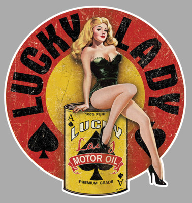 AUFKLEBER PINUP MOTORÖL 12cm LUCKY LADY STICKER SEXY RETRO VINTAGE PC005