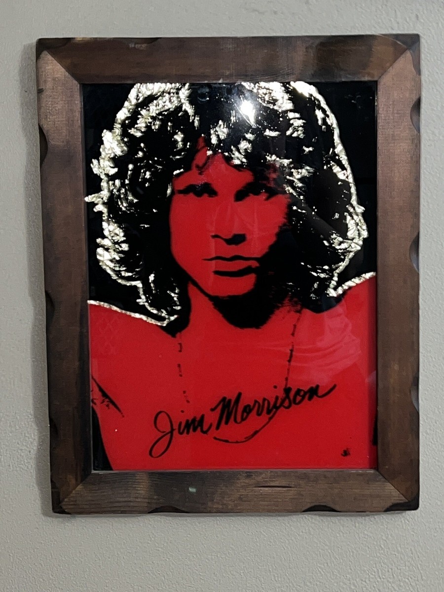 Vintage Jim Morrison Red Foil Mirror Glass Art The Doors Wood