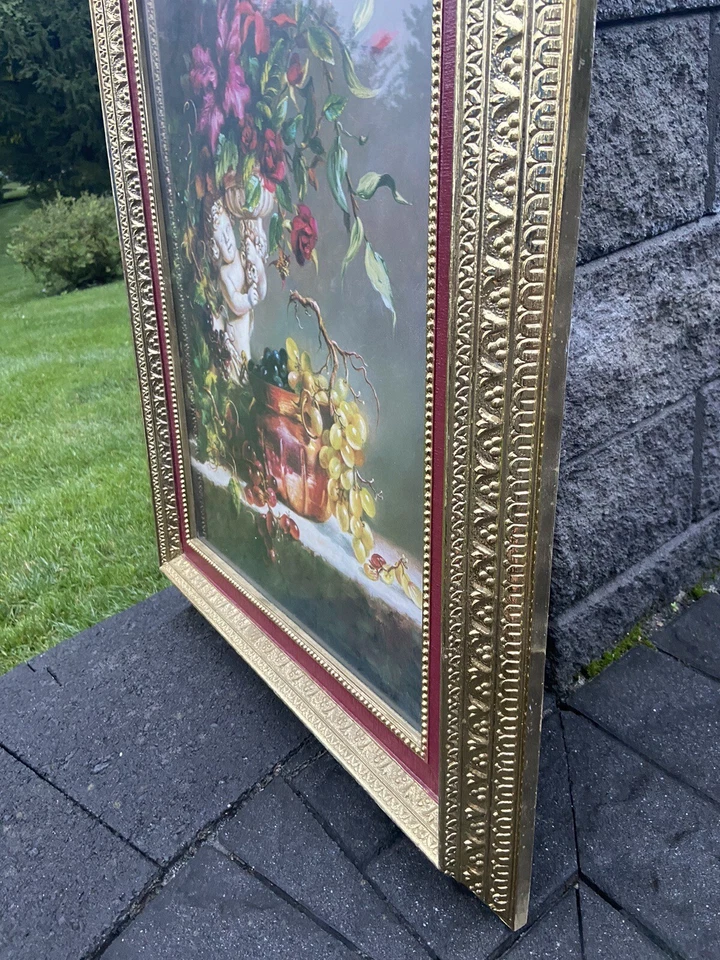 "Impresión artística enmarcada dorada firmada por Di Giacomo ángulo con flores 30,5 x 24,5""" Foto 4 de 4