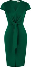 Grace karin Cap Sleeve Tie Waist Bodycon Business Dress - Dark Green - Medium
