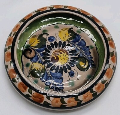 VTG TONAL MEXICO POTTERY BOWL HAND PAINTED FLORAL TRINKET DISH SIGNED CAT 