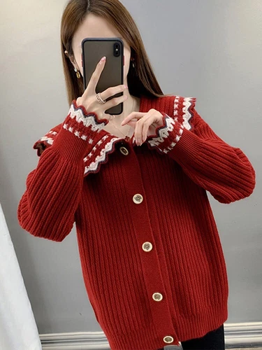 Long Sleeve Lapel Neck Collar Sweater Women Short Jacket Short Knitwear - Bild 5 von 24