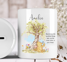 Image of Personalised Winnie the Pooh Money Box With Quote Ceramic Savings Jar Gift Idea