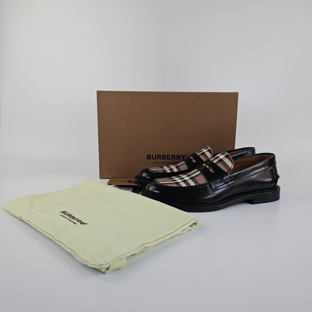 BURBERRY Shane Black/Beige Checkered Leather Penny Loafers BURBERRY Shane Black/Beige Checkered Leather Penny Loafers