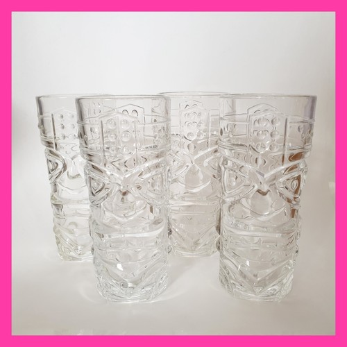 Forum Clear Glass Tiki Mug Tumbler Embossed Drinking Glasses Set of 4 Hawaiian