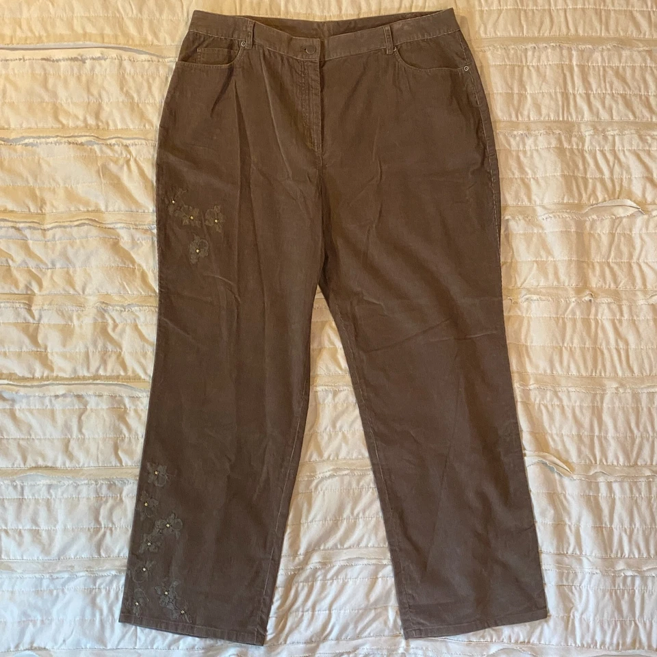 Pantalones para mujer Jill 18 marrón pana encaje flor adornado pierna recta nuevos con etiquetas Foto 2 de 4