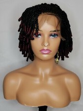 Short Kinky Cornrow Wig, Hand Braided, Lace Closure, Black  Wine Color