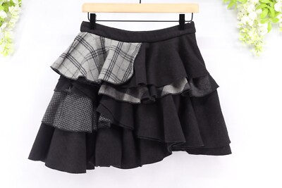ARTKA Women's Black Double Layer Wool Blend Checked  Mini Skirt  Sz L