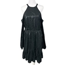 NWT $165 Michael Kors M Black Snakeskin Print Cold Shoulder LS Flounce Hem Dress