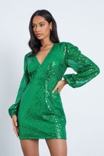 I SAW IT FIRST Green Sequin Balloon Sleeve Mini Party Wrap Bodycon Dress Size 10