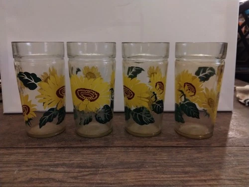 Vintage Anchor Hocking Sunflower Jelly Jar Drinking Glass Tumbler Set of 4