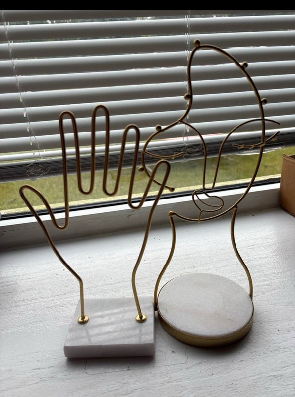 Abstract Wire Face Figurine, Gold Tone Metal with White Marble Base