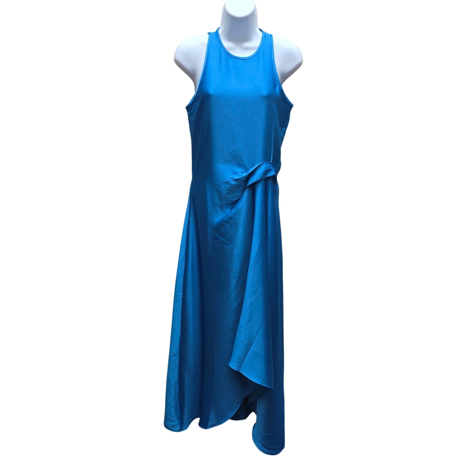 Reiss NWT Micah Draped Tuck Satin Midi Occasion Dress Asymmetric Flared Blue 2