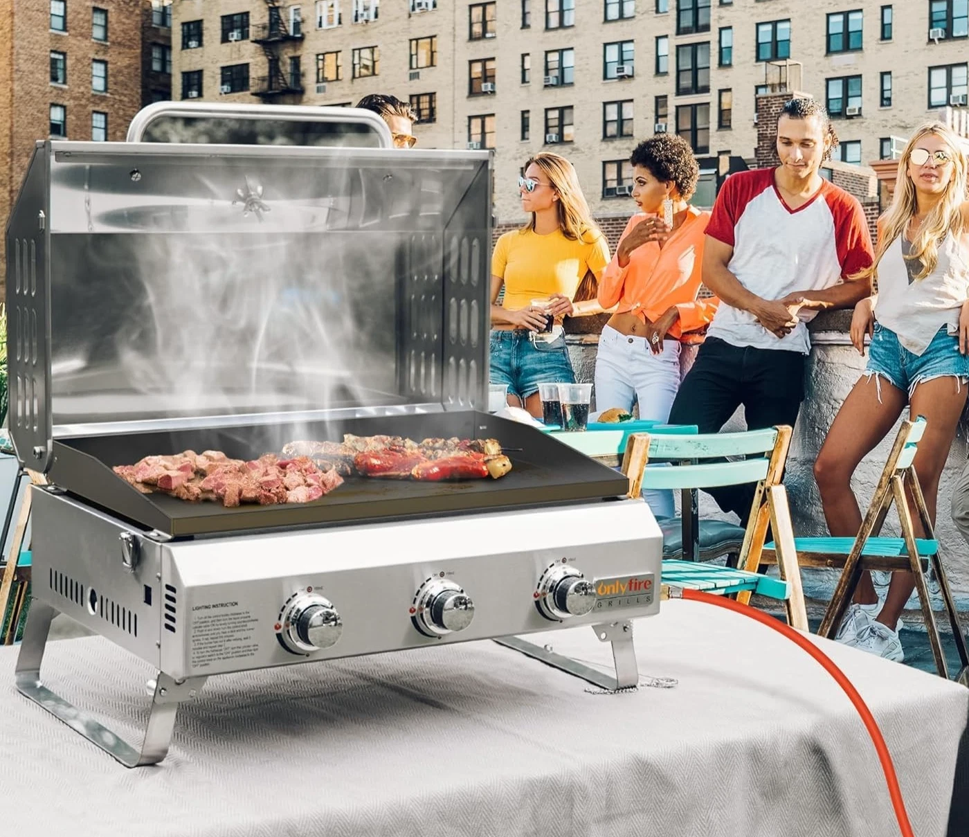 Onlyfire Portable Tabletop Gas BBQ 3-Burner Flat Top Grill Lid & Thermometer