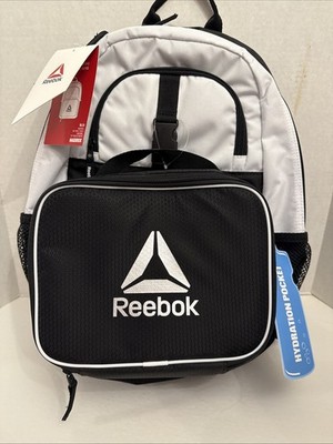 Reebok Backpack with Lunch Bag Black & White 17X11.5  Hydration Pocket Maddox