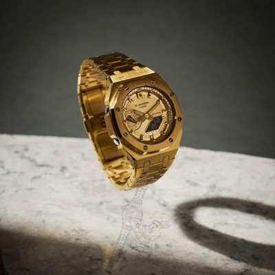 Casio GA-2100 G-Shock Watch w/ Gold Metal Case & Bracelet Mod   Gold Dial