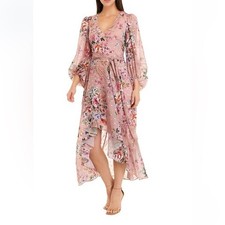 Eliza J High Low Floral Wedding Guest Dress Size 6 Pink Chiffon Foil Spring