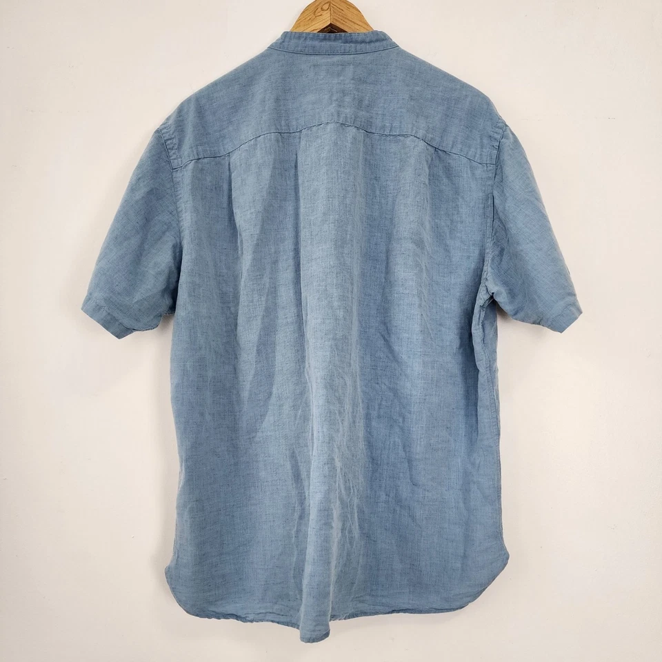 UNIQLO Mens Blue Linen Blend Button-Up Short Sleeve Shirt Mandarin Collar Preppy - Image 2 of 4