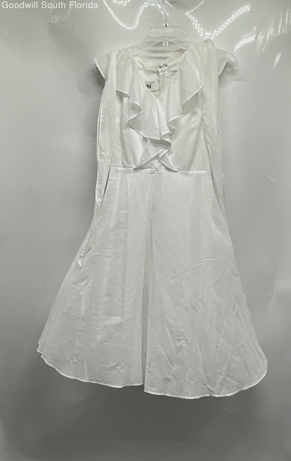 Calvin Klein Womens White V-Neck Sleeveless Front Ruffle Fit & Flare Dress Sz 2