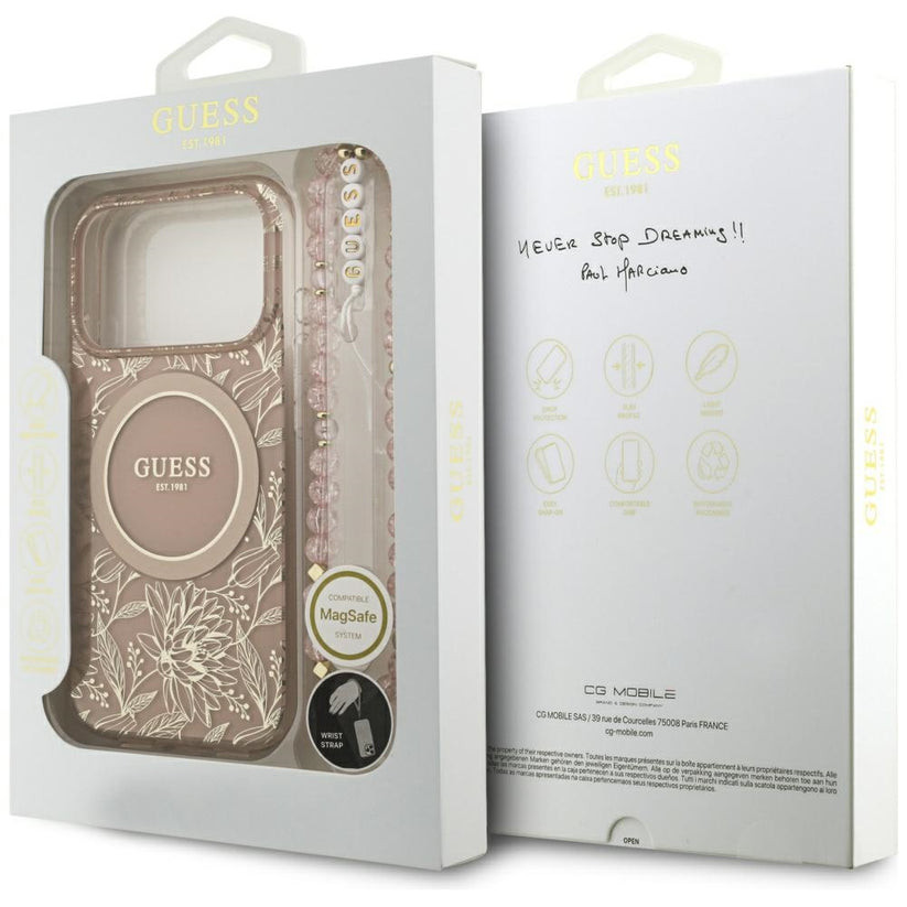 Guess IML Flowers Electro Pearl Strap MagSafe Case for iPhone 17 Pro 6.3"" Pink