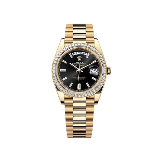 Rolex Day-Date 40 228398TBR Yellow Gold Black Diamond Baguette...