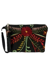 Women’s Colorful  Embroidered Wallet Wristlet Makeup Bag, 9” Length, 7” Tall Zip