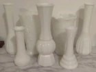 Lot of 7 Vintage Milk Glass Bud Vases: Hazel Atlas, CLG CO., Teardrop, BEE HIVE
