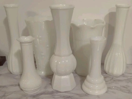 Lot of 7 Vintage Milk Glass Bud Vases: Hazel Atlas, CLG CO., Teardrop, BEE HIVE