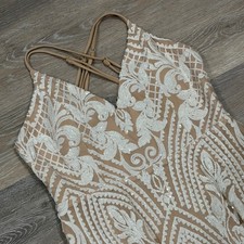 Windsor White Sequin Nude Mesh Fit and Flare Mini Dress Open Back Cocktail Party