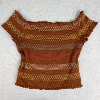 Rue21 Womens XL Rust Brown Smocked Off The Shoulder Embroidered Crop Top