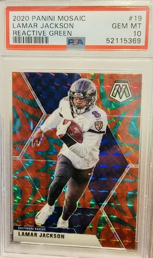 2020 Panini Mosaic Lamar Jackson Ravens Reactive Green Prizm #19 PSA 10 Gem Mint