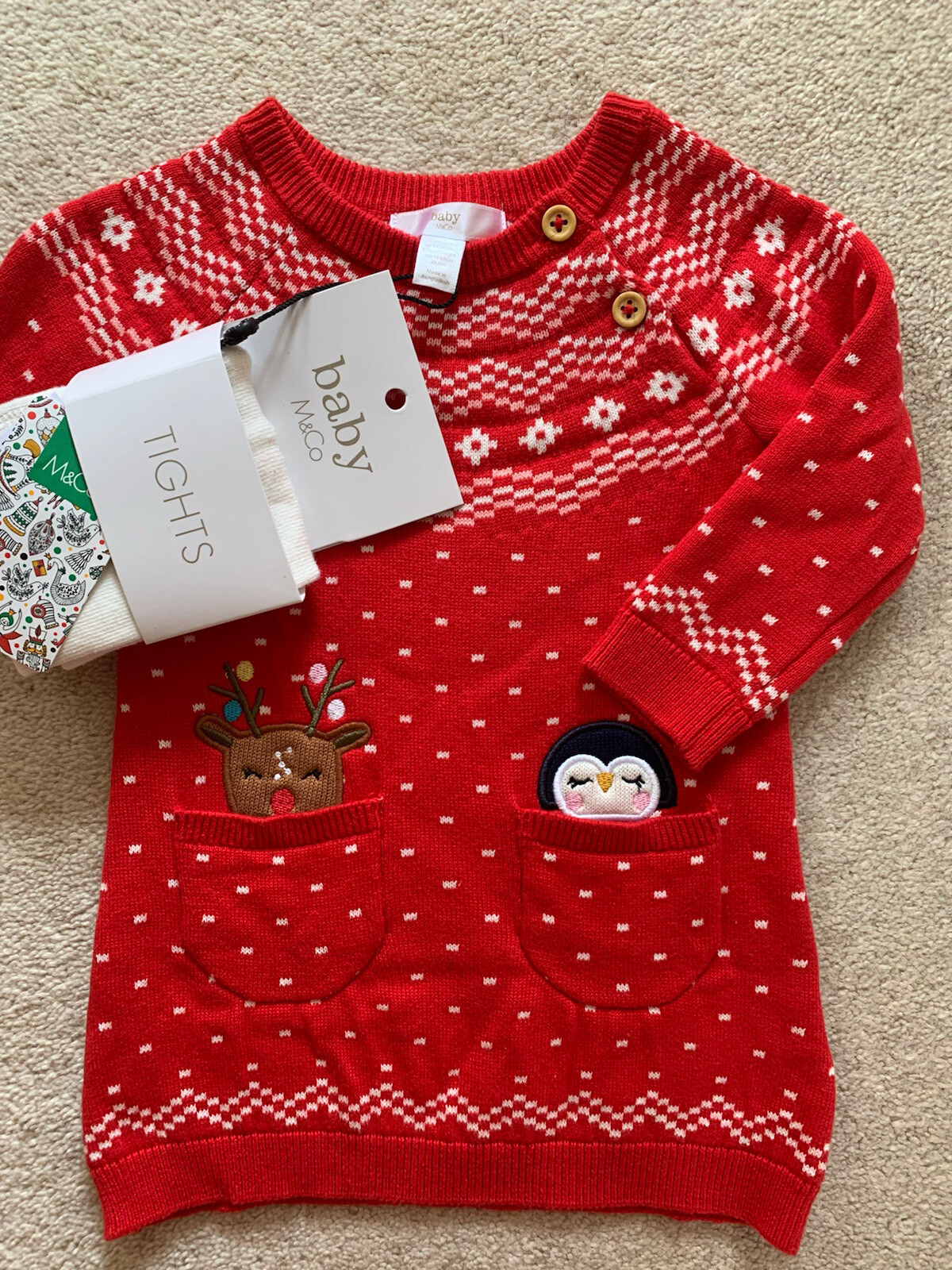 M&Co BABY GIRL’S Christmas Jumper Dress & Tights Set Age 03 months Red