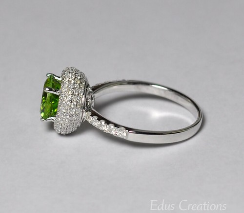 14K White Gold Genuine Peridot Diamond Halo Engagement Gemstone Womens Ring - Picture 4 of 7