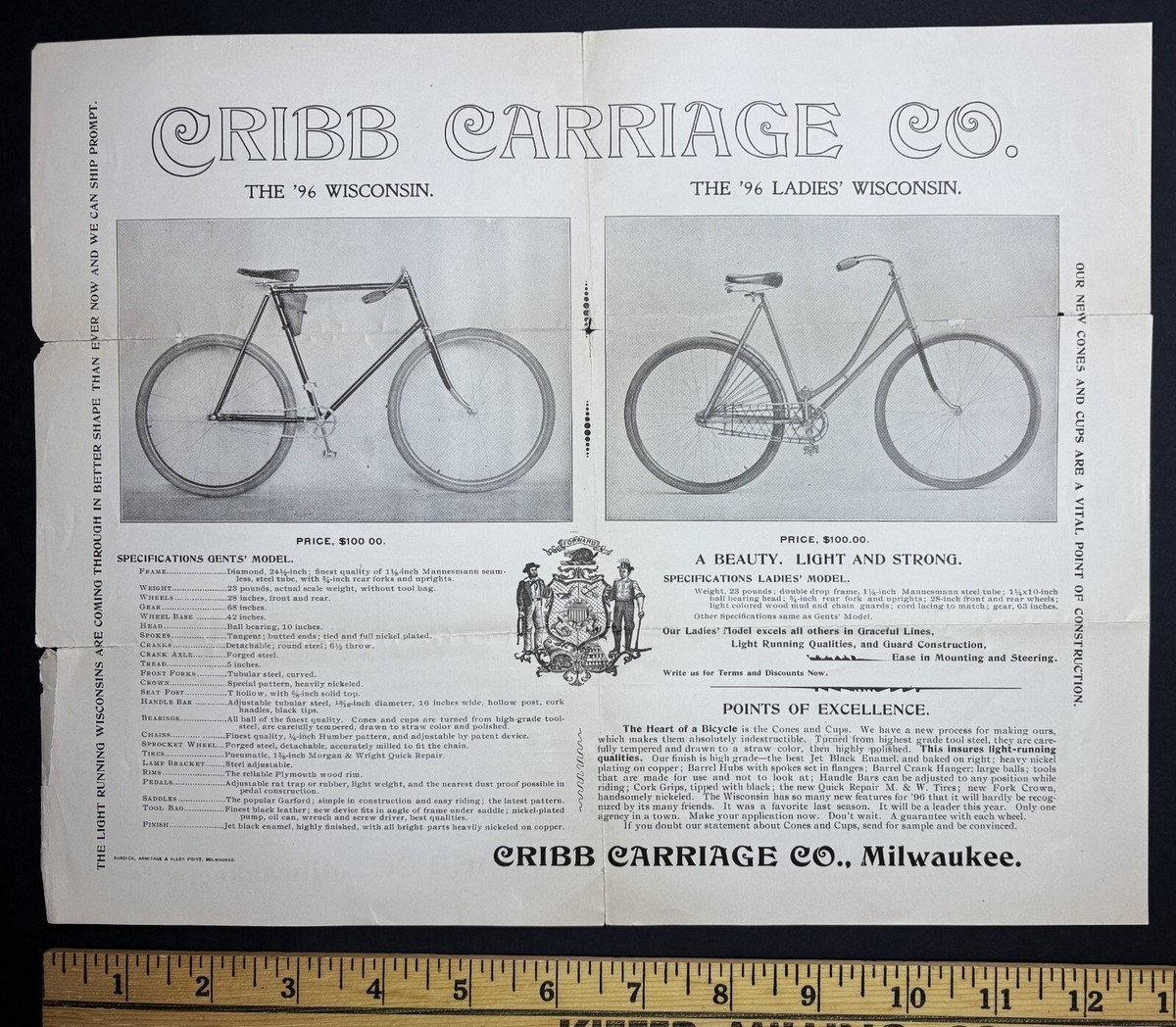 RARE Orig Advertising Flyer 1896 Cribb BICYCLE Carriage