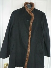 Fleurette Loro Piana Black 100% Wool Mink Fur Trim Coat Size 14 $1695.