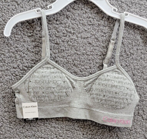 Calvin Klein Soft Cup Logo Bra Girl's M (7/8) Heather Gray Adjustable Straps - Picture 2 of 12